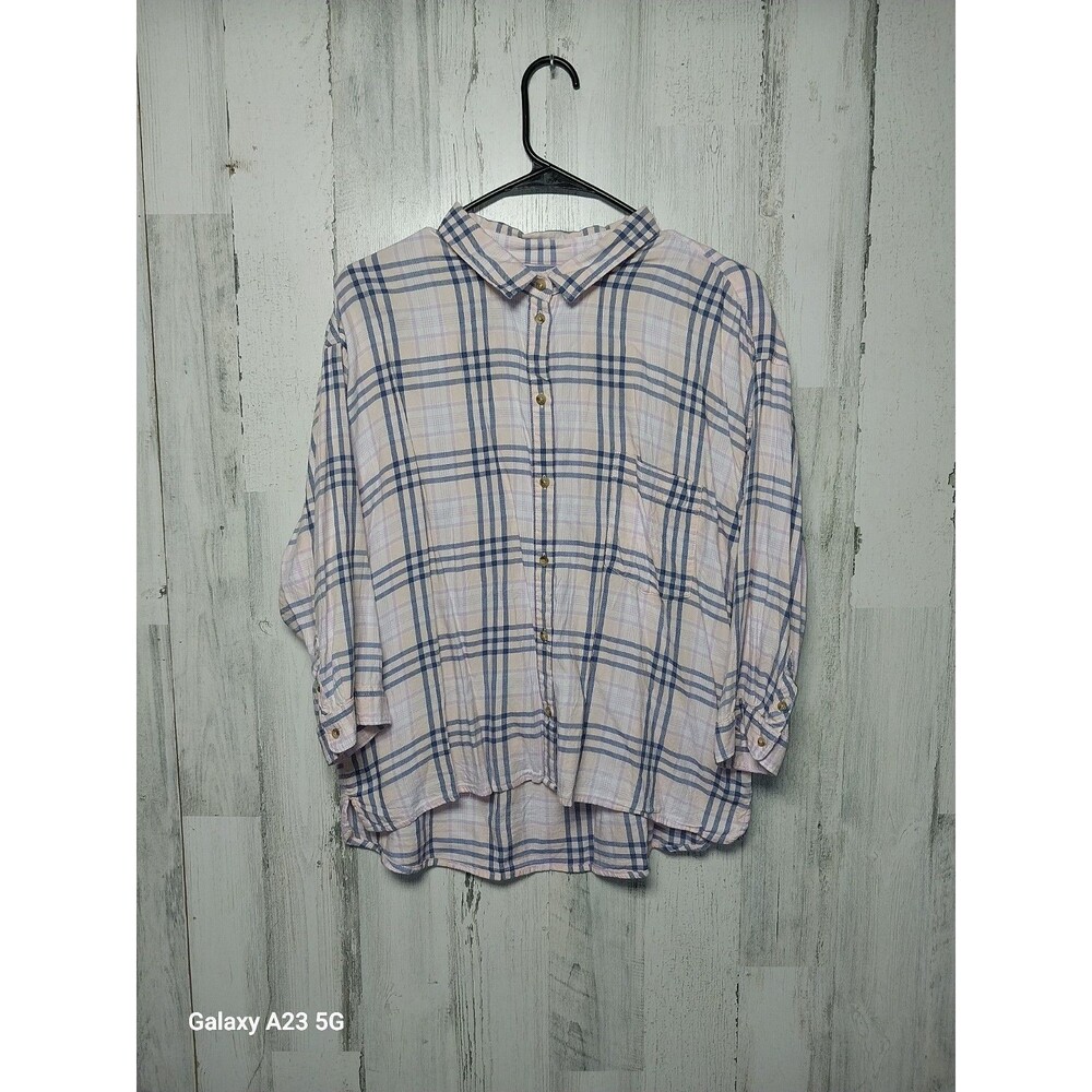 American Eagle AEO Women's Pink Blue Plaid Button Up ¾ Sleeve Shirt Size Large